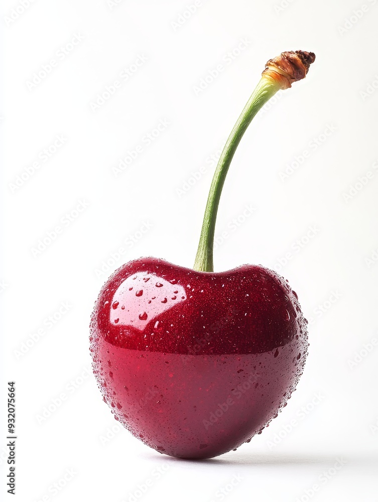 Poster Single Red Cherry with Dew Drops - A single, ripe red cherry with dew drops on its skin, showcasing its vibrant color and juicy texture. The cherry is isolated against a white background, highlighting