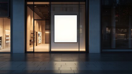 A blank, illuminated poster frame displayed in a modern storefront window, offering an elegant and minimalist space for advertising in an upscale retail environment.