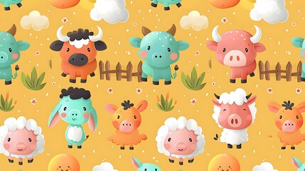 Fototapeta premium A seamless pattern of cute cartoon cows, pigs, and sheep playing around a red barn, surrounded by haystacks and wooden fences, warm earthy tones, detailed fur textures, soft sunlight, hd quality,
