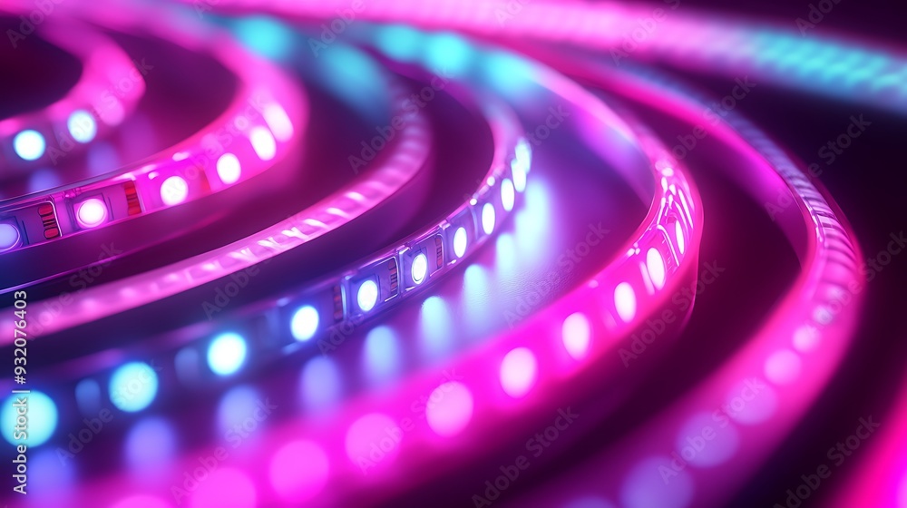 Aufkleber luminous led strip lights in pink and turquoise creating abstract glowing waves background with blur