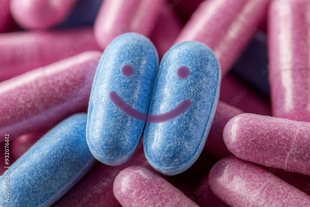 Poster close up of smiling blue capsules in a soft background representing positivity and calmness in healt