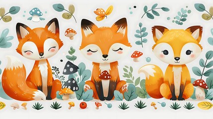 A seamless pattern of cute cartoon foxes and bears gathering berries, with owls flying through the trees, surrounded by mushrooms and foliage, bright and warm colors, detailed textures, hd quality,