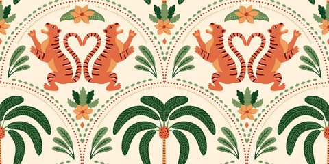 Cute Asian tiger and tropical palm tree seamless pattern. Summer jungle damask ornament. Vector wild animal symmetry design, exotic arched print, hand drawn Indian textile, background, wallpaper.