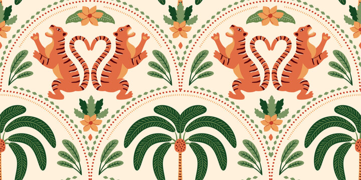 Cute Asian tiger and tropical palm tree seamless pattern. Summer jungle damask ornament. Vector wild animal symmetry design, exotic arched print, hand drawn Indian textile, background, wallpaper.