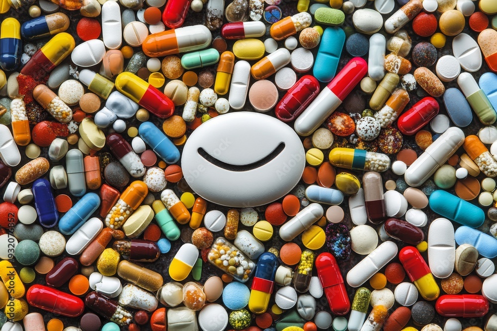 Poster flat lay of colorful pills and capsules in a soft background representing diversity and care in heal