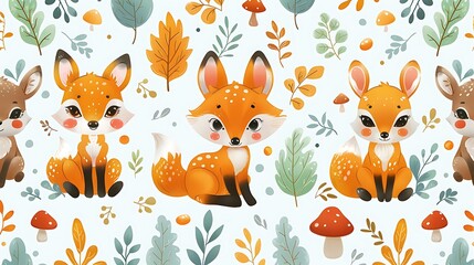 A seamless pattern of cute cartoon foxes, rabbits, and deer playing among trees and mushrooms, soft pastel colors, gentle curves and playful expressions, detailed foliage, and glowing highlights,