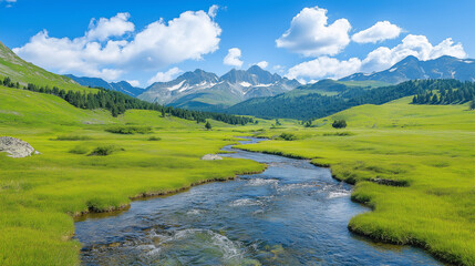 serene mountain valley with a gentle river flow
