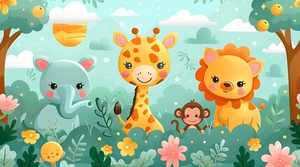 A seamless pattern of cute cartoon giraffes, elephants, and monkeys playing under the bright sun, surrounded by acacia trees and grassy savannah, vibrant colors, detailed fur and skin textures,