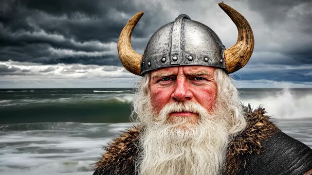 A fierce warrior adorned in a horned helmet faces the turbulent sea as dark clouds loom overhead during a dramatic twilight hour