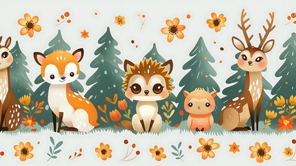 Naklejka premium A seamless pattern of cute cartoon hedgehogs, owls, and deer, set in a peaceful woodland scene with trees and flowers, soft greens and browns, detailed textures, hd quality, natural look.