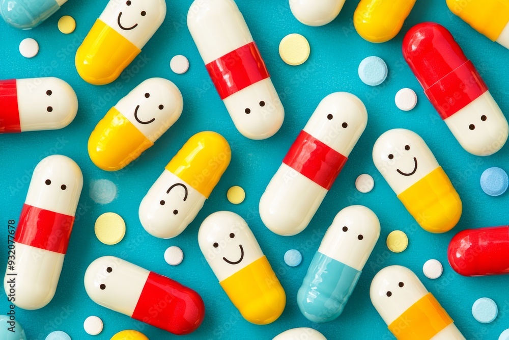 Poster Cheerful and Playful Pill Capsules in a Repetitive Pattern on a Blue Background Representing Fun and Positivity in Healthcare