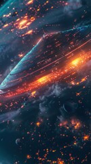 Fototapeta premium A colorful UFO hovers above a cosmic scene filled with stars, clouds, and glowing celestial elements, creating a mesmerizing atmosphere