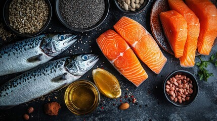 vibrant image of a sign or infographic showing various Omega-3-rich foods like fish and flaxseeds, illustrating their importance in a balanced diet.