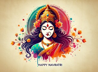 Watercolor poster illustration for navratri with goddess durga portrait.