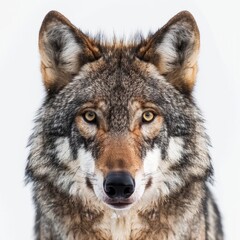 Fototapeta premium A powerful wolf stands boldly against a white background. Its piercing eyes reflect intelligence and strength. The details of its fur highlight its wild nature and beauty. AI