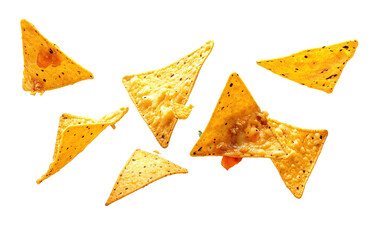Flying delicious Mexican nachos chips on white background,png