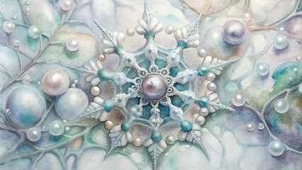 Pearl-Encrusted Snowflake with Pastel Pearls on Watercolor Background, Winter Elegance