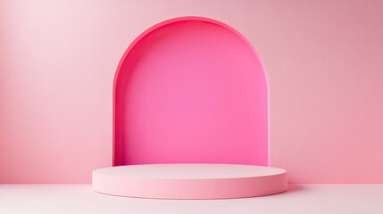 A stylish pink stage with an arch, perfect for showcasing products or art in a modern and vibrant setting.