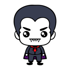 A young Caucasian male vampire with short black hair, pale skin, and sharp fangs wearing a black suit and red tie