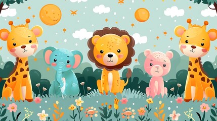 Naklejka premium A seamless pattern of cute cartoon lions, giraffes, and elephants exploring the sunlit savannah, surrounded by acacia trees and rolling hills, rich colors, soft sunlight, hd quality, natural look.
