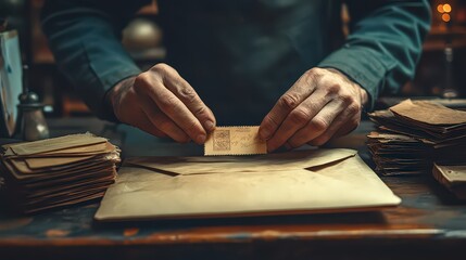Hands sealing an envelope, surrounded by vintage letters in a dimly lit room.