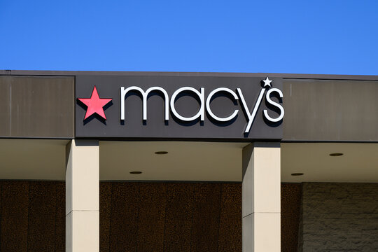 Lynnwood, WA, USA - July 7. 2024; Macy's deaprtment store name sign with red star on building facade