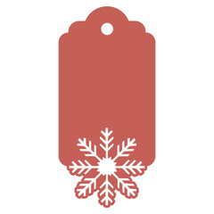 A red gift tag with a white snowflake design