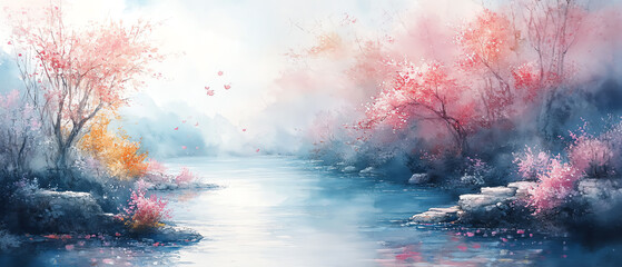 Flowing watercolor scene with soft, serene colors, creating a sense of harmony and peace, highdefinition, gentle and soothing atmosphere