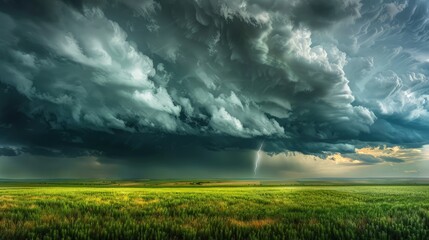 A dramatic thunderstorm approaching a vast prairie, with dark clouds looming over vibrant green fields and a single, striking bolt of lightning in the distance.