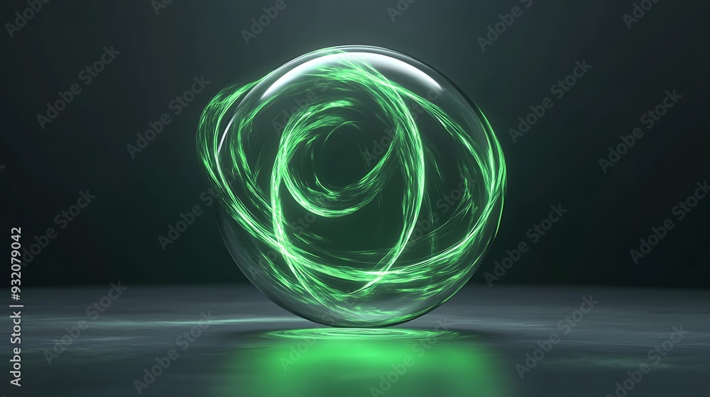 Poster illuminated futuristic technology concept with green vortex and metallic orb hologram projection on 