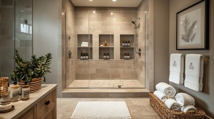 A luxurious, modern bathroom with a large walk-in shower and neatly arranged towels.
