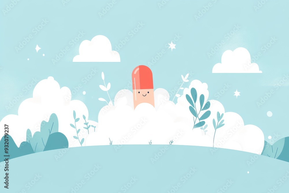 Poster minimalist pill bottle characters on a cloudy background representing calmness and tranquility in he