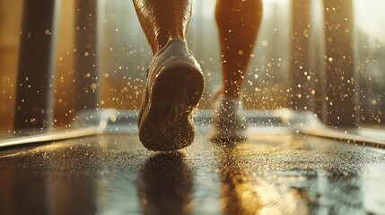 dynamic shot of a person running on a treadmill in a gym, with sweat soaking their workout clothes, demonstrating a rigorous exercise routine.