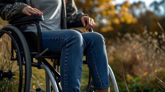 A person sits comfortably in a wheelchair amidst nature. The scene is peaceful, showcasing the beauty of the outdoors. This image conveys empowerment and accessibility. AI