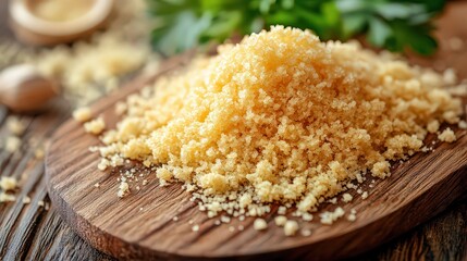 close-up of fresh, golden breadcrumbs scattered on a wooden cutting board, showcasing their texture...