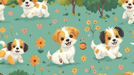 Fototapeta premium A seamless pattern of cute cartoon puppies playing with frisbees in a park, with trees and flowers in the background, bright greens and yellows, dynamic action poses, hd quality, natural look.