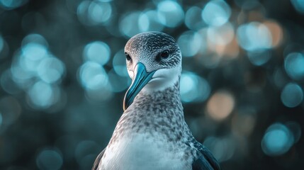 Close-up Portrait of a Seabird with a Teal and Blue Bokeh Background