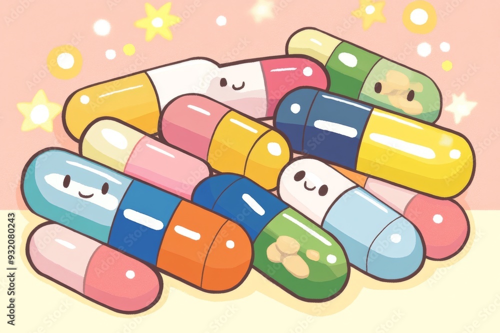 Poster Playful and Colorful Capsules in a Joyful Pattern on a Pink Background Representing Fun and Positivity in Healthcare
