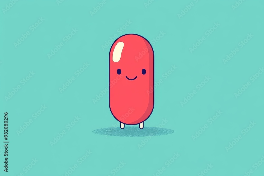 Poster Minimalist Red Capsule Character on a Blue Background Representing Simplicity and Positivity in Healthcare
