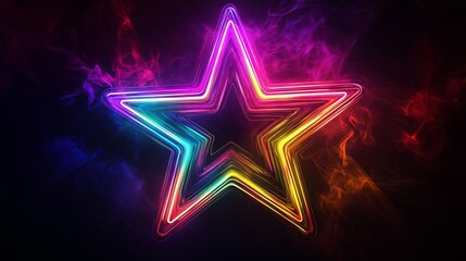 Neon star with colorful smoke on dark