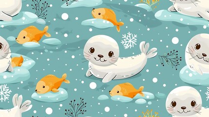Fototapeta premium A seamless pattern of cute cartoon seals sliding on icy patches, surrounded by fish and snowflakes, cool tones, detailed ice textures, soft lighting, hd quality, natural look. --ar 16:9 --v 6.