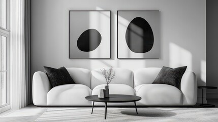 A monochrome living room with a white sofa and black abstract wall art.