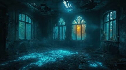 bioluminescent fungi creating ethereal patterns in dark abandoned room crumbling architecture with nature reclaiming space moonlight streaming through broken windows