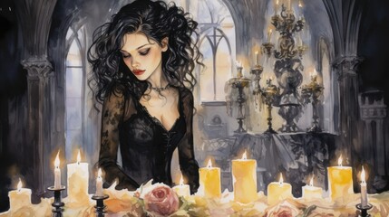 Fototapeta premium Gothic wedding, bride in black lace, candlelit altar, Watercolor style
