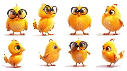 A colorful illustration of cute, cartoonish yellow chicks with glasses in various poses.
