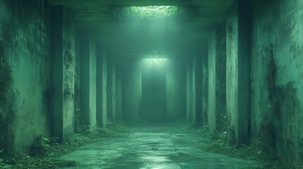 Obraz premium bioluminescent fungi network illuminating subterranean crawl space ethereal glow highlights advanced ecofriendly ventilation system in a futuristic green building design