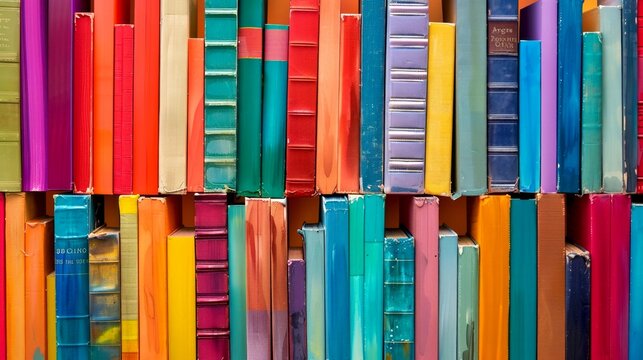 A vibrant collection of colorful books stacked neatly. Each book showcases a unique hue and design, representing knowledge and creativity. Perfect for design, education and inspiration. AI