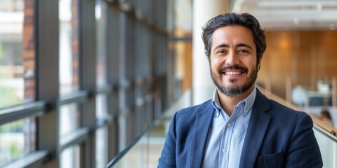 Confident Hispanic businessman stands in modern office, smiling happily, representing success and professionalism, engaged in corporate environment, bright sunlight filtering through windows.