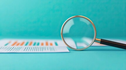 A magnifying glass focused on business charts, symbolizing analysis, research, and detailed examination of data.
