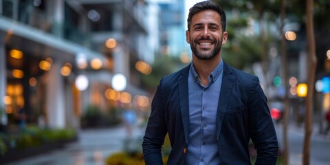 Fototapeta premium Smiling Hispanic businessman standing confidently outdoors in urban setting, smart casual attire, enjoying successful day, modern office district background, professional and approachable demeanor.